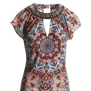 Boston Proper Embellished Flutter Sleeve Keyhole Print Top Sz Med